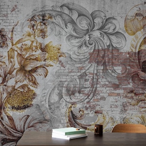 Grunge Bricks Wallpaper, Cracked Concrete Peel and Stick Wall Mural, Floral Self Adhesive Removable Wallpaper