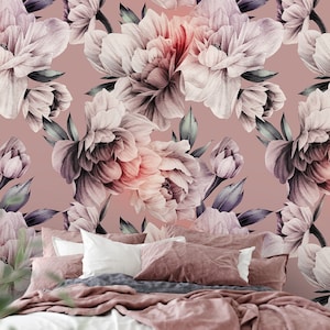 Carta da parati floreale, carta da parati con motivo floreale, carta da parati staccabile e adesiva con peonie rosa