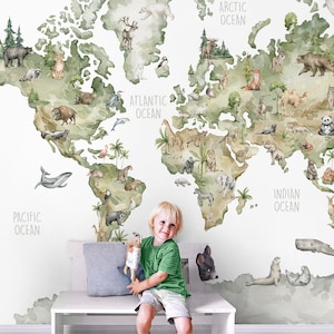  3D World Map Wallpaper - Cartoon Map with Baloons Mural Decor  for Nursery, Kids and Game Room - Removable and Reusable - One Piece, Easy  Installation (Peel and Stick, 197''Wx104'' H) 