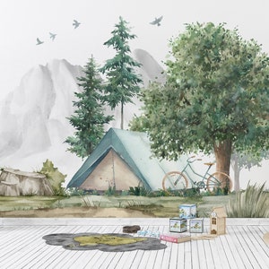 Carta da parati per bambini Camping Nature, carta da parati per cameretta dei bambini con foresta staccata e incollata, carta da parati per cameretta dei bambini in montagna