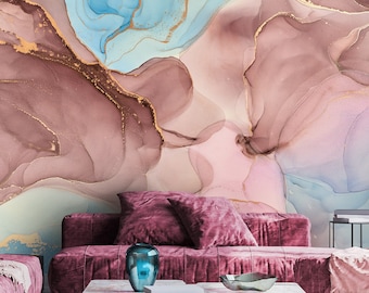 Pink Gold Marble Peel and Stick Wallpaper, Pastel Abstract Wall Mural
