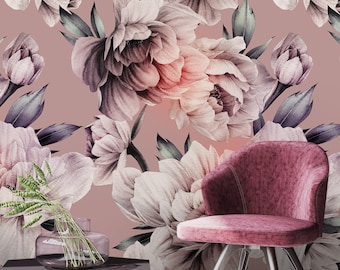 Flower Wallpaper, Floral Pattern Wall Mural, Pink Peony Peel and Stick Wallpaper