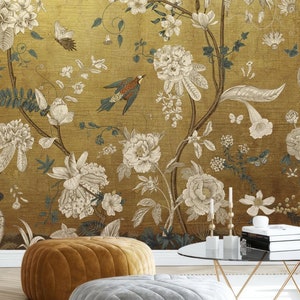Vintage Chinoiserie Peel and Stick Wallpaper with Birds, Gold Vintage Chinoiserie Botanical Wallpaper Mural, Wallpaper With Birds and Flower