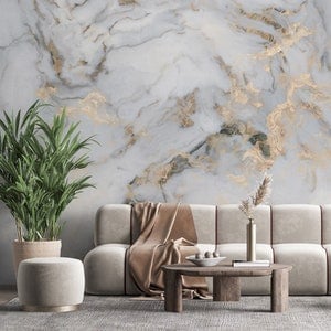 White Marble with Gold Wallpaper, Luxury Marble Abstract Texture Peel and Stick Wall Mural, Removable Self Adhesive