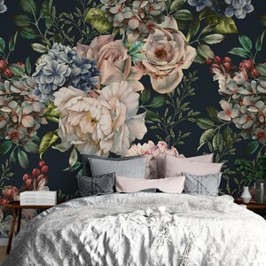 Carta da parati floreale scura, decorazione murale con fiori vintage a buccia e bastone, carta da parati rimovibile autoadesiva botanica