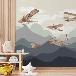 Carta da parati per bambini con montagne e aerei retrò, murale per la cameretta dei bambini, carta da parati rimovibile con simpatici aeroplani
