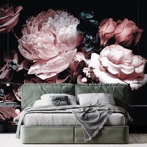 Flowers Wallpaper Peel and Sticker Floral Wall Mural, Bouquet of Pink Peonies Dark Background Floral Wall Mural