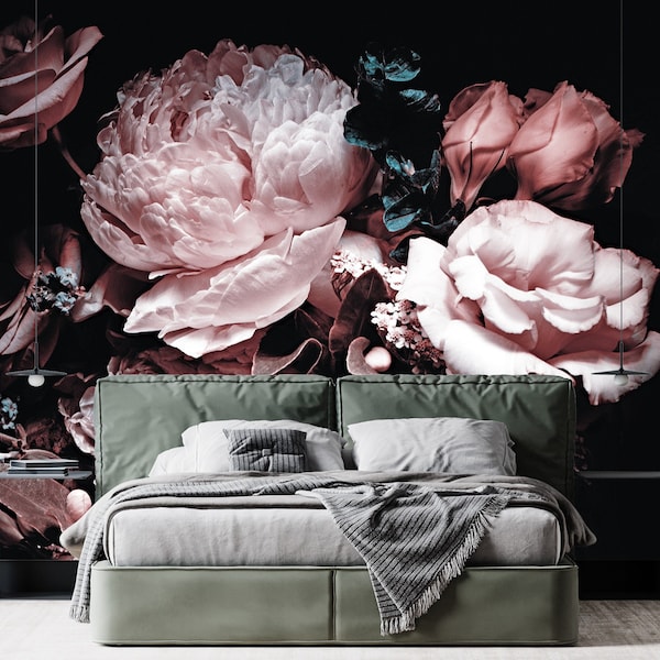 Flowers Wallpaper Peel and Sticker Floral Wall Mural, Bouquet of Pink Peonies Dark Background Floral Wall Mural