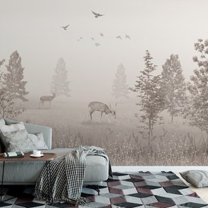 Wilder Wald Tapete, Hirsche, Bäume Landschaft schälen und aufkleben Wandbild, Beige selbstklebende Beige abnehmbare Tapete