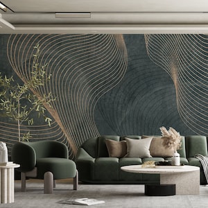 Linee ondulate dorate su carta da parati in cemento, decorazione murale di lusso verde e oro