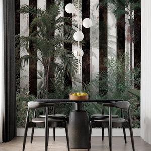 Grunge Tropical Wallpaper, Peel and Stick Black Stripes Wall Mural, Botanical Self Adhesive Removable Wallpaper