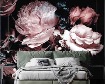 Flowers Wallpaper Peel and Sticker Floral Wall Mural, Bouquet of Pink Peonies Dark Background Floral Wall Mural