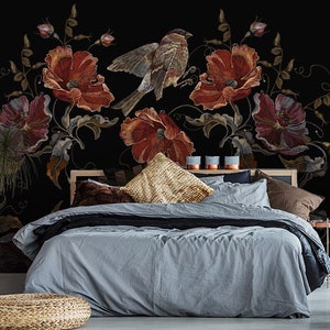 Carta da parati floreale scura, Peel and Stick Bird and Flowers Wall Mural, Carta da parati autoadesiva rimovibile