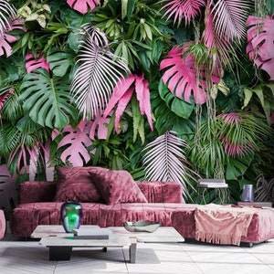 Tropical Leaf Wallpaper Peel and Stick, Pink Leaf Exotic Wall Mural, Monstera Leaves Wallpaper