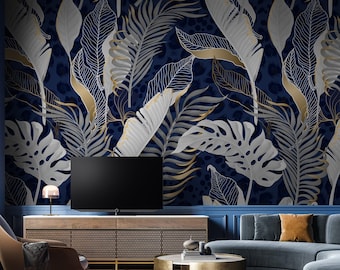Tropical Leaves Wallpaper, Exotic Blue and Gold Wall Mural, Peel and Stick Self Adhesive Removable Wallpaper
