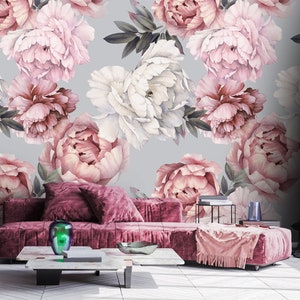 Pastel Peony Wallpaper Peel and Stick | Soft Watercolor Floral Wall Mural | Peonies Blossom Wallpaper