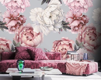 Pastel Peony Wallpaper Peel and Stick | Soft Watercolor Floral Wall Mural | Peonies Blossom Wallpaper