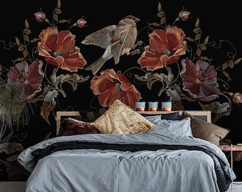 Dark Floral Wallpaper, Peel and Stick Bird and Flowers Wall Mural, Self Adhesive Removable Wallpaper
