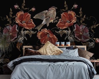 Dark Floral Wallpaper: Bird & Poppy Mural, Peel and Stick