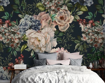 Dark Floral Wallpaper: Vintage Botanical Peel and Stick Wall Mural