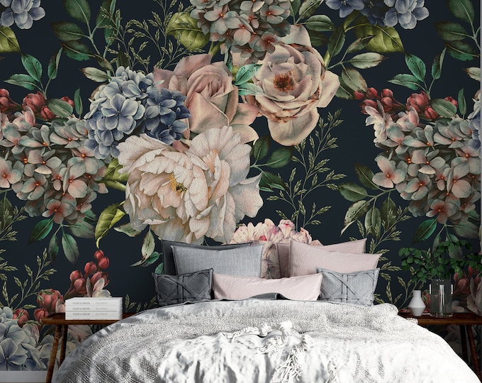Dark Floral Wallpaper Peel and Stick | Dutch Flower Wall Mural - Etsy ...