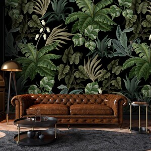 Carta da parati con foglie tropicali, murale botanico scuro con buccia e bastone, carta da parati autoadesiva rimovibile con piante
