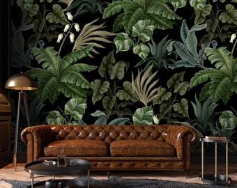 Dark Tropical Leaves Wallpaper, Botanical Peel and Stick Wall Mural