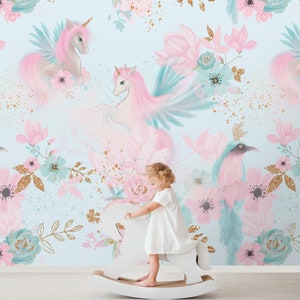 Carta da parati per bambini con unicorno rosa, carta da parati murale con uccelli, fiori a buccia e bastoncino, carta da parati per camerette per bambini