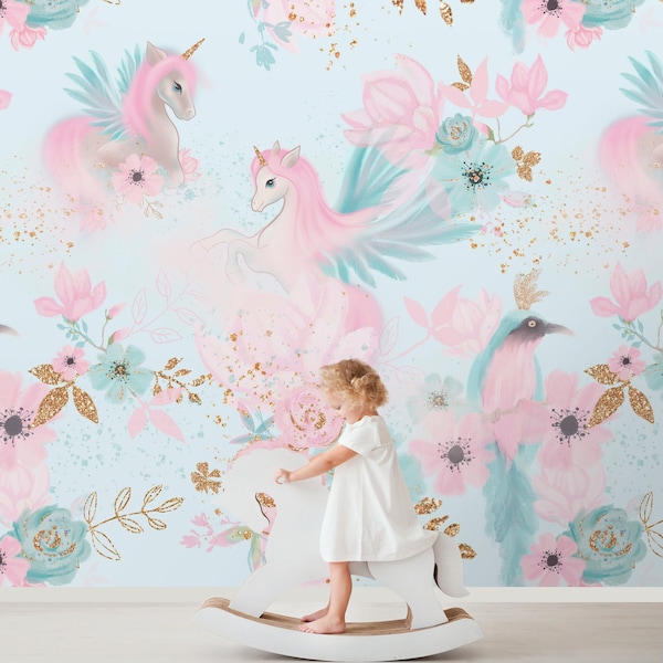 Pink Unicorn Kids Wallpaper, Birds, Flowers Peel and Stick Wall Mural, Baby Girl Room Nursery Wallpaper