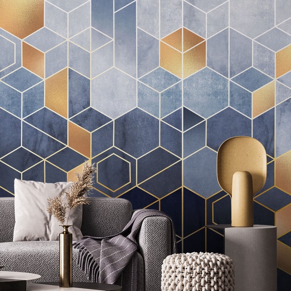 Hexagons Wallpaper, Peel and Stick Blue Gold Geometric Wall Mural, Abstract Relief Pattern Self Adhesive Removable Wallpaper