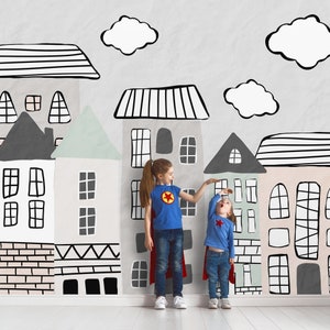Carta da parati con vista sulla città, case, appartamenti, strade, carta da parati con nuvole per bambini, decorazione murale per camera dei bambini con città carina disegnata a mano