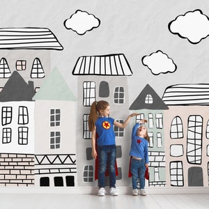 Paper Textured City View, Houses, Apartments, Street, Cloud Children Wallpaper, Hand Drawn Cute Town Kids Room Wall Mural