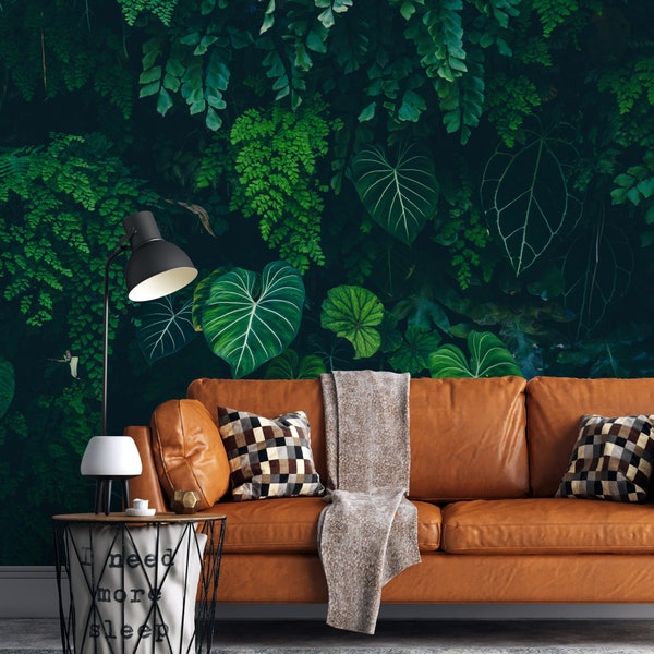 Tropical Leaf Wall Mural, Dark Jungle Peel and Stick Wallpaper