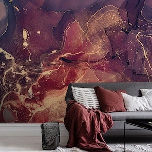 Gold Red Marble Peel and Stick Wallpaper, Abstract Violet Ink Self Adhesive Wall Mural