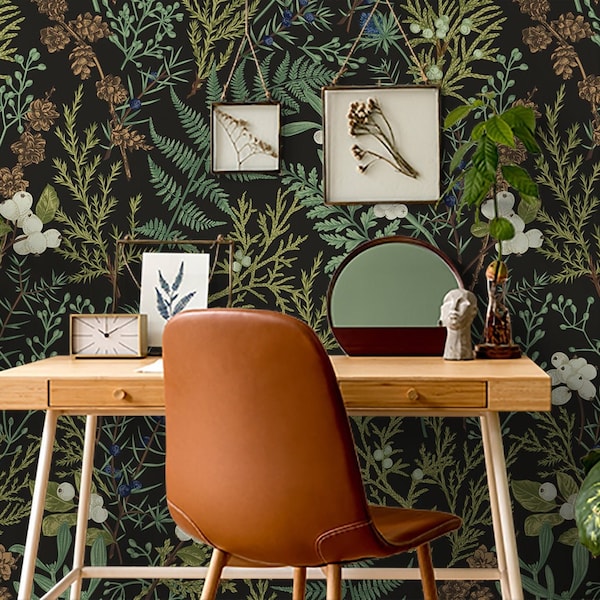 Vintage Dark Botanical Wallpaper, Peel and Stick Plant Wall Mural, Self Adhesive Removable Wallpaper