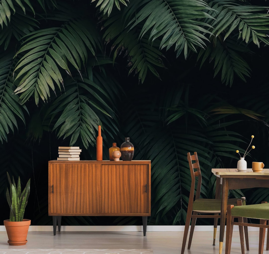 Tropical Leaf Wallpaper: Dark Jungle Peel and Stick Wall Mural - Etsy