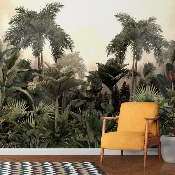 Tropical Jungle Plants Rainforest Wallpaper, Palm Trees Peel and Stick Wall Mural, Self Adhesive Removable Wallpaper