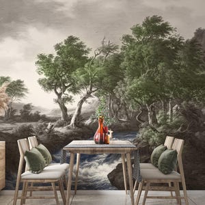 Vintage Forest Landscape Wallpaper - Nature Painting with Majestic Tree Design Wallpaper
