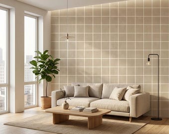 Linen Texture Wallpaper, Woven Grid Beige, Minimalist Japandi Peel Stick (Removable)