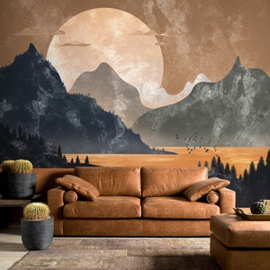 Mountains Wallpaper, Concrete Peel and Stick Wall Mural, Landscape Self Adhesive Wallpaper