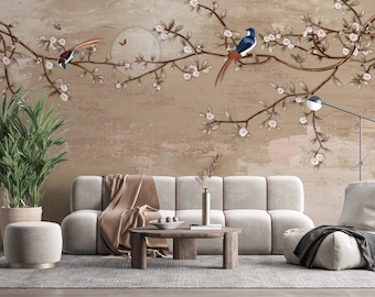Floral Chinoiserie Wallpaper: Vintage Flowers, Peel and Stick Wall Mural