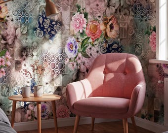 Eclectic Floral Patchwork Wallpaper, Vintage Shabby Chic, Pastel Bohemian Mural (Peel and Stick)