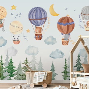 Carta da parati per bambini con mongolfiere, carta da parati per cameretta dei bambini stacca e incolla, alberi, animali Carta da parati per camera dei bambini Woodsy