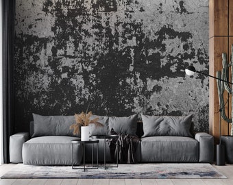 Cement Wallpaper, Concrete Peel and Stick Grunge Distressed Wall Mural, Dark Gray Self Adhesive Removable Wallpaper