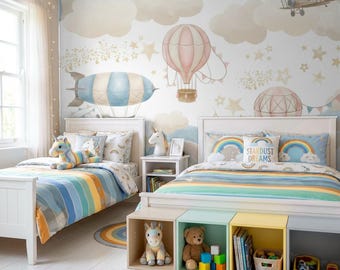 Hot Air Balloon Nursery Wallpaper | Whimsical Airship Wall Mural (Pastel Neutral)