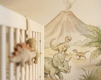 Watercolor Dinosaur Valley Nursery Mural, Prehistoric Landscape Peel & Stick Wallpaper