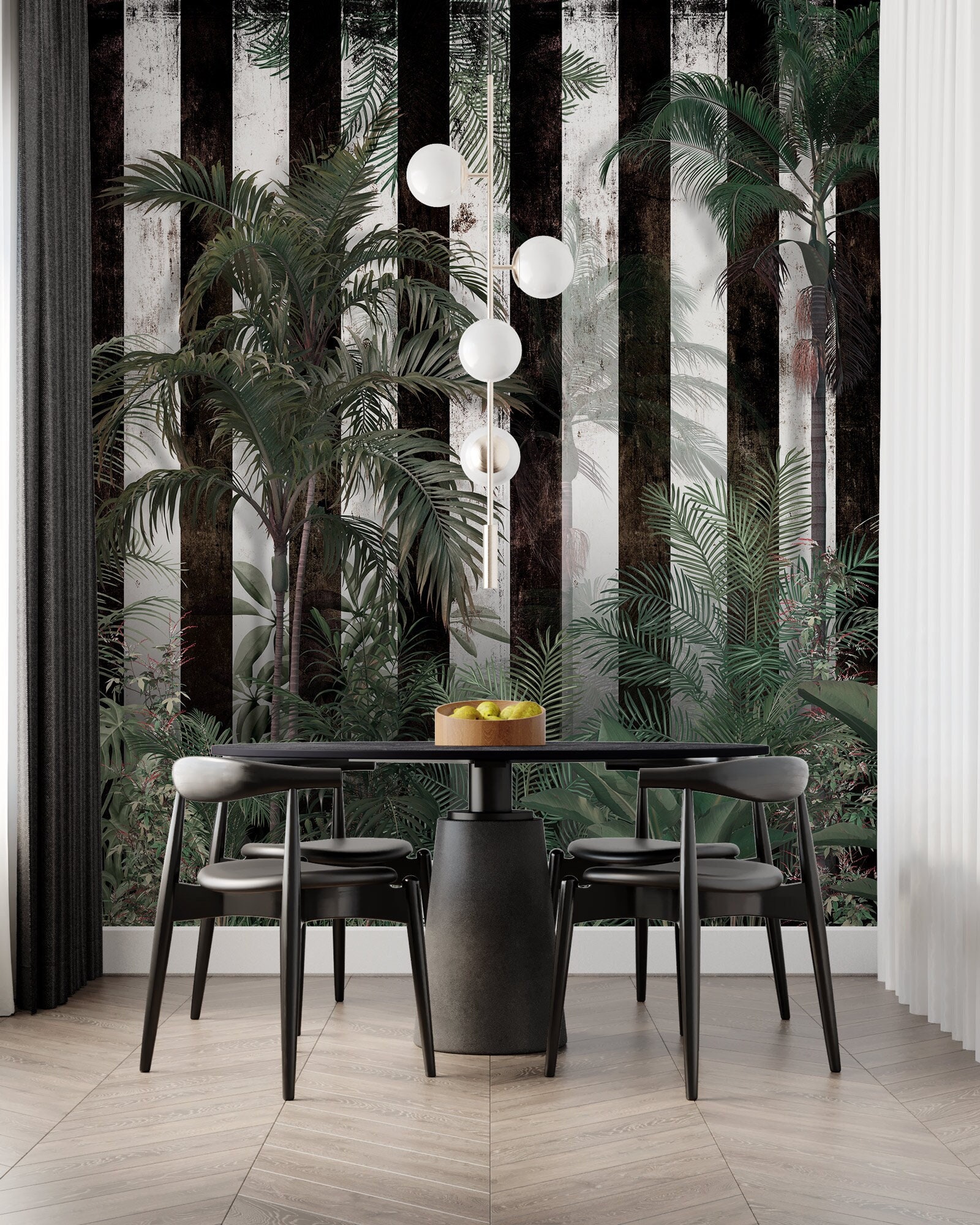 Grunge Tropical Wallpaper, Peel and Stick Black Stripes Wall Mural, Botanical Self Adhesive Removable Wallpaper