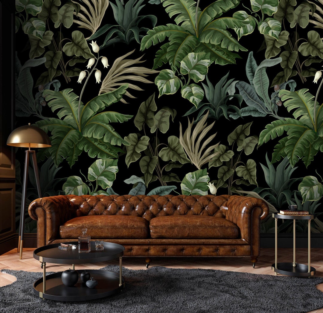 Dark Tropical Leaves Wallpaper, Botanical Peel and Stick Wall Mural - Etsy
