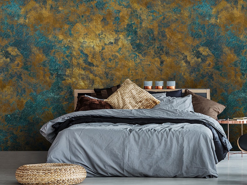 Roestig koper noodlijdend metaal goud ijzer behang, abstracte retro design grunge textuur met verschillende groene en gouden patronen muur muurschildering afbeelding 4