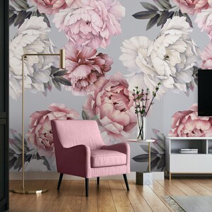 Pastel Peony Wallpaper Peel and Stick | Soft Watercolor Floral Wall ...